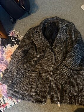 Black and White Tweed Zip-Front Coat Maje 38